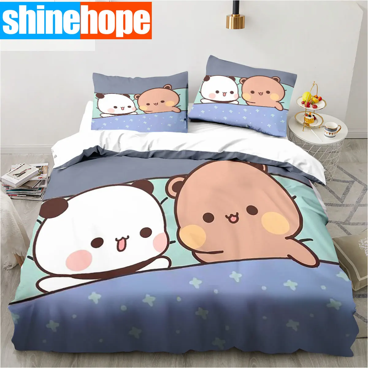 Bubu Dudu Cartoon Cute Bear Kawaii Christmas Gift King Twin Double Child Bedding Set Polyester Duvet Cover Set