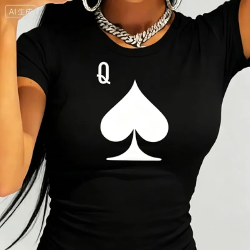 Women Cotton Slim Fit Crew Neck T Shirt Queen Spade Poker Graphic Casual Short Sleeve Ladies Fashion Tee