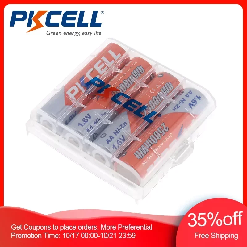 

4PC PKCELL 2500mWh 1.6V Ni-Zn AA Rechargeable Batteries 2A High Voltage AA NIZN Battery with 1PC Aa Battery Holder Case