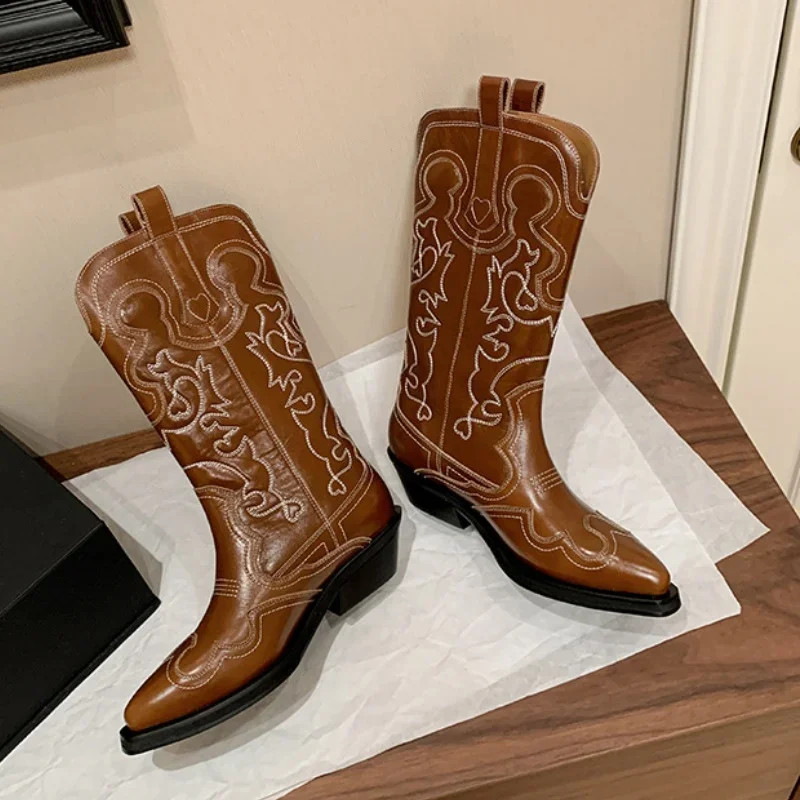 

Western Embroidery Middle-calf/Ankle Short Boots Pointed Toe Flat Increasing Height Patchwork Slip-on Autum Winter Women Shoes