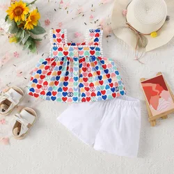 2-piece Summer New Baby Girl Suit Suspender Button Love Print Suspender Lace Lace + Simple Shorts Casual Cool Suit