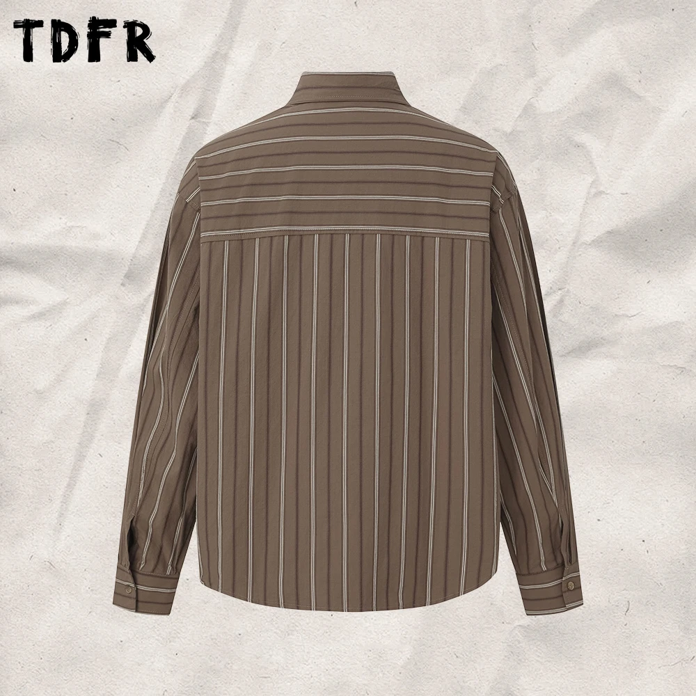 Vertical Stripes Long Sleeved Shirt Mens Autumn Lazy Loose Single Breasted Curved Hem Cotton Shirts Man