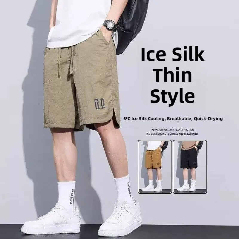 

Ultra-Thin Summer Ice-Silk Quick-Dry Men's Running Shorts Breathable Beach Five-Part Pants Casual Loose Fit Polyester Fiber