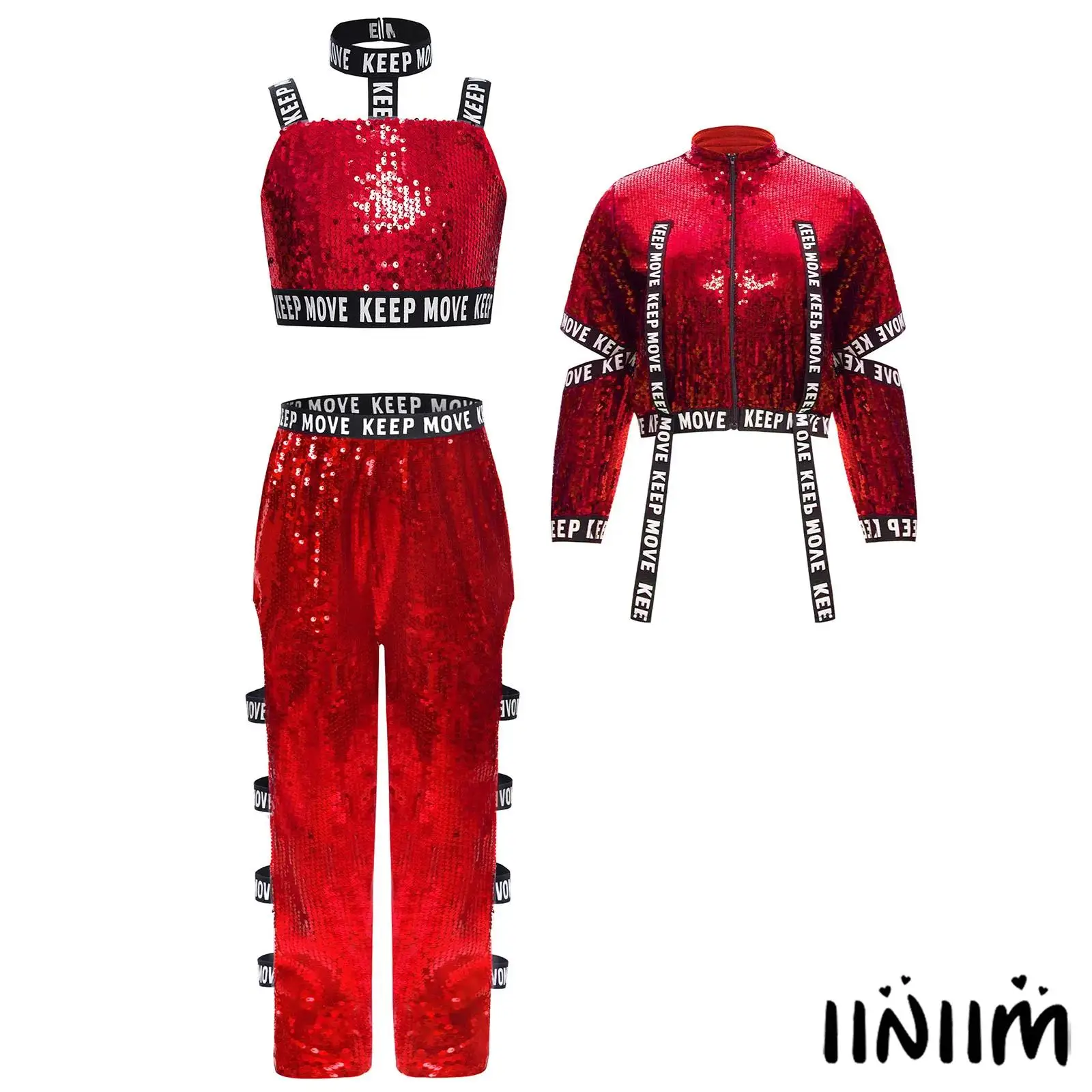 

3Pcs/Set Kids Girls Hip-Hop Jazz Dance Stage Performance Costume Glittery Sequin Vest with Long Sleeves Jacket and Cutout Pants