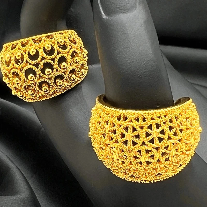 ANIID Dubai 24k Gold Color Big Ring For Women Resizable Brazilian Wedding Bride Arabic Ethiopian Finger Cuff Ring Jewellery