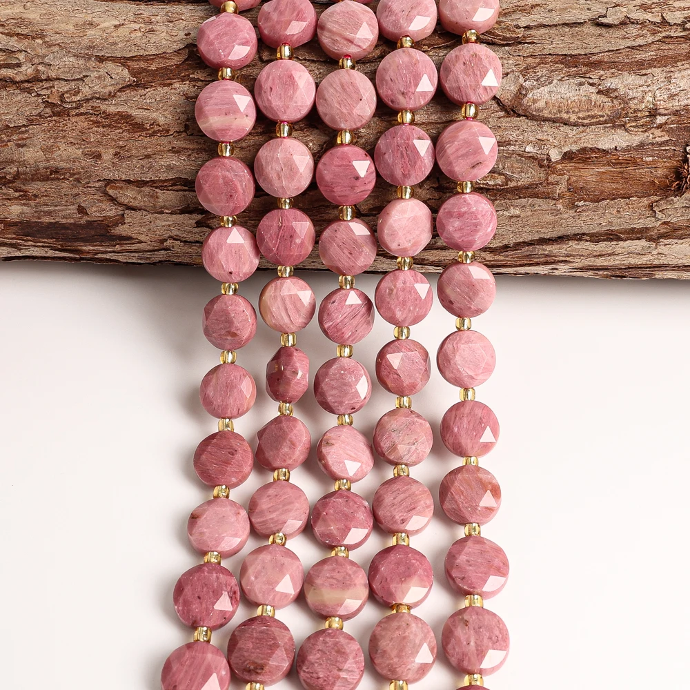 NATURAL RHODONITE FACETED COIN BEADS PINK LOOSE BEADS DIY JEWELRY MAKING BRACELET NECKLACE BEADING ACCESSORY HANDMADE GIFT 10MM