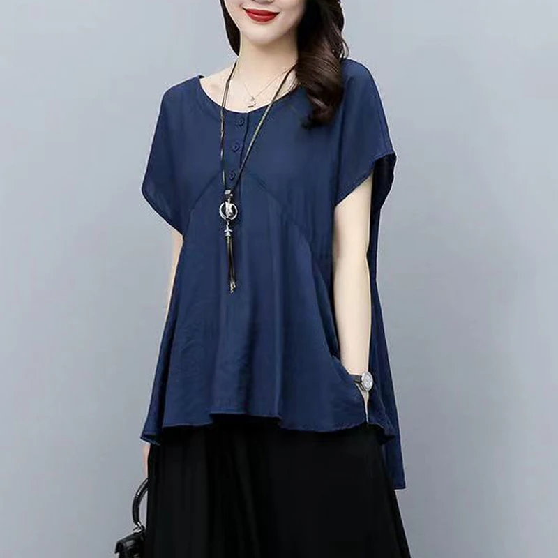 Women Clothing Ruffled Vintage Japanese Simple Casual Oversize Blouses Solid Short Sleeve Asymmetrical Shirts Female Street Tops