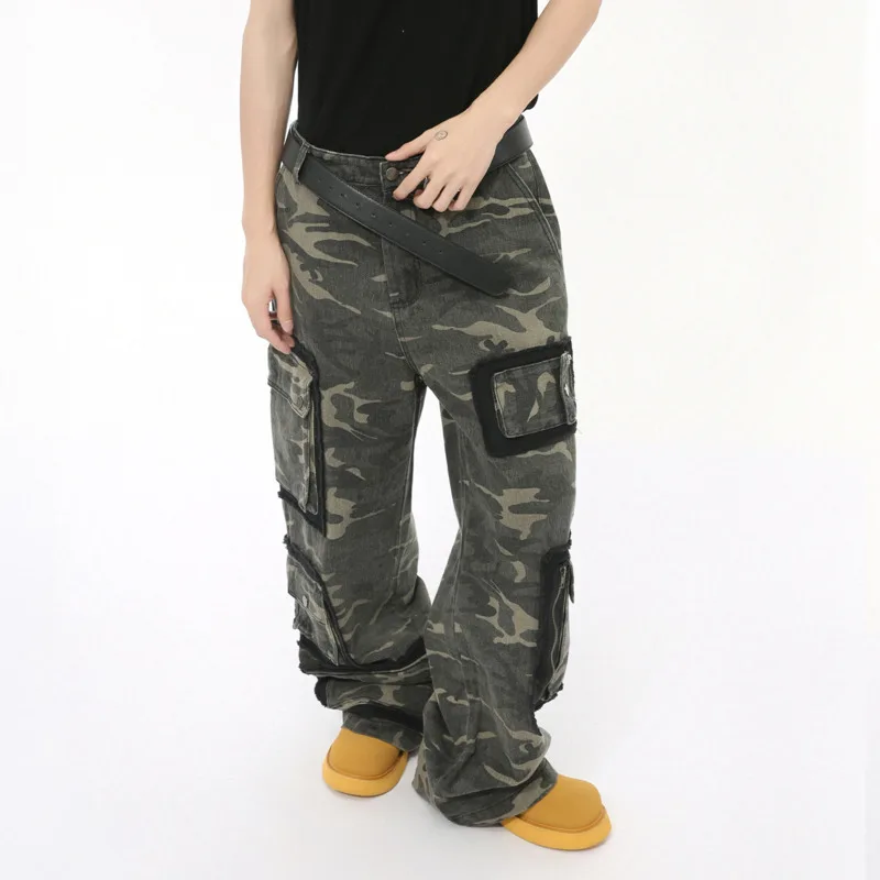 SYUHGFA-pantalones Cargo para hombre, pantalón informal de camuflaje con bolsillo grande, diseño de botones, pierna recta ancha, parte inferior holgada, moda, otoño 2024