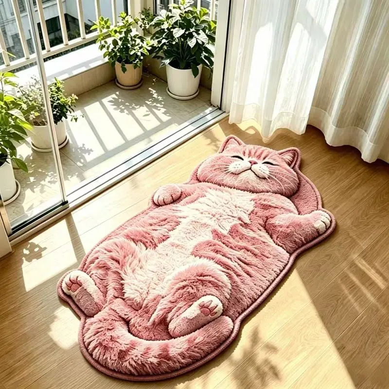 VIKAMA Pink Cat Irregular Rug Lying Print Non Slip Mat For Bedroom Bathroom Living Room Entryway Kawaii Pet Lover Home Decor