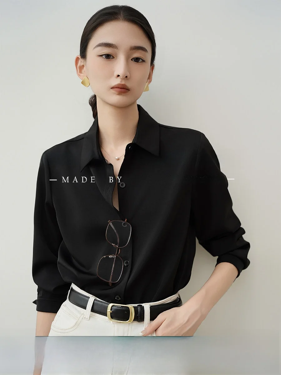 

Bla Silk Satin Drapey irt Women's Advanced Taste Interview OL Commute Top Straight Tube Long Sve Button Pure Color