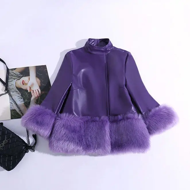 winter new  jacket imitation fox fur casual stand-up collar leather jacket seven-quarter sleeve Korean  short women's clothing