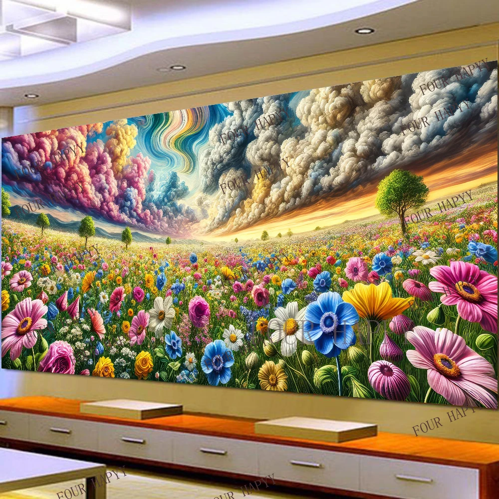 5D DIY Large Diamond Painting Cross Colorful Wildflowers Clouds Landscape Wall Art, Full Round Drill, Embroidery Home Decor