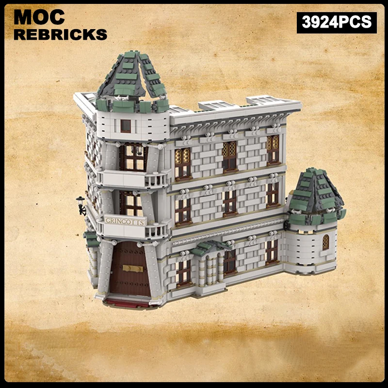 

Famous Movies Scenes MOC Diagon Alley Bank Block Collection Experts Technology Education DIY Assembly Model Brick Toys Gifs