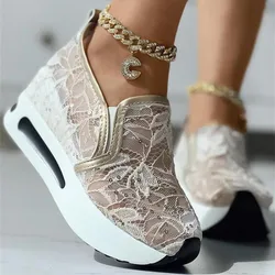 Women's Sneakers Floral Embroidery Mesh Sneakers for Women Slip on Casual Comfy Heeled Shoes Woman