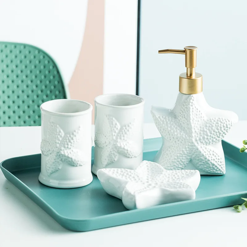 European Ocean Starfish Bathroom Accessories Household Starfish Ceramic Wash Cup Soap Dispenser Soap Dish Bathroom Organizer New