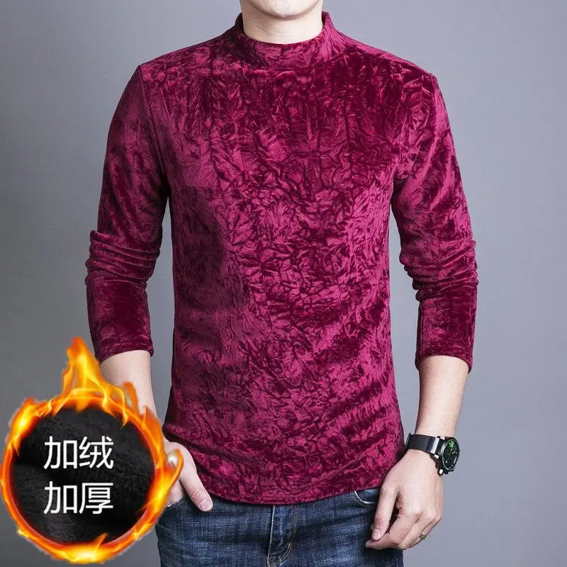 2023 Autumn Winter New Solid Color Fashion Turtleneck T-Shirts Man High Street Long Sleeve Casual Plus Velvet Warm Pullovers