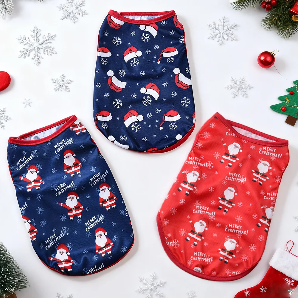 Weihnachts-Haustierweste für kleine und mittelgroße Hunde, Katzen, Weihnachtsmann-Aufdruck, weiches Welpen-T-Shirt, süßes Party-Anzieh-Bulldogge-Chihuahua-Kostüm