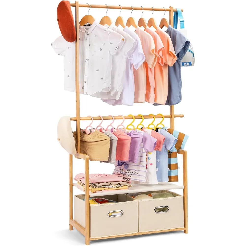

Kids Bamboo Clothing Rack with Storage Baskets, Adjustable Rods, and Shelf for Playroom or Bedroom