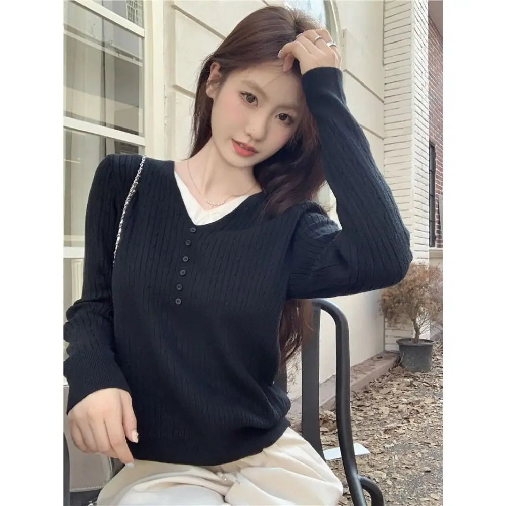 

Fake Two Jacquard Long Sleeved Knitted Sweaters for Women 2025 Autumn New Design Niche Base Sweater