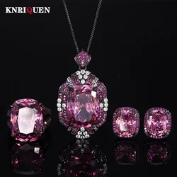 Retro Luxury Lab Pink Quartz Gemstone Necklace Pendant Ring Earrings Cocktail Party Fine Jewelry Sets for Women Accessories Gift