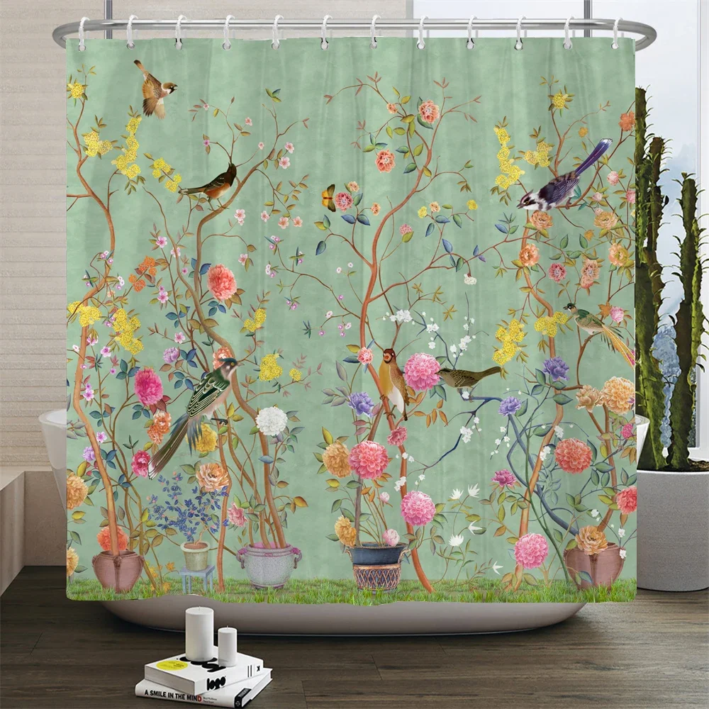 Plant Flowers and Birds Shower Curtain Printed Modern Minimalist style Polyster Fabric Home Decor Bathroom Curtain with Hooks