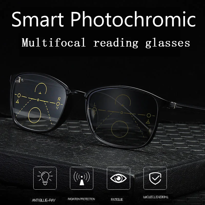 Modne fotochromowe wieloogniskowe okulary do czytania w pobliżu dalekiego podwójnego zastosowania męskie progresywne okulary blokujące niebieskie światło TR90 pełna ramka