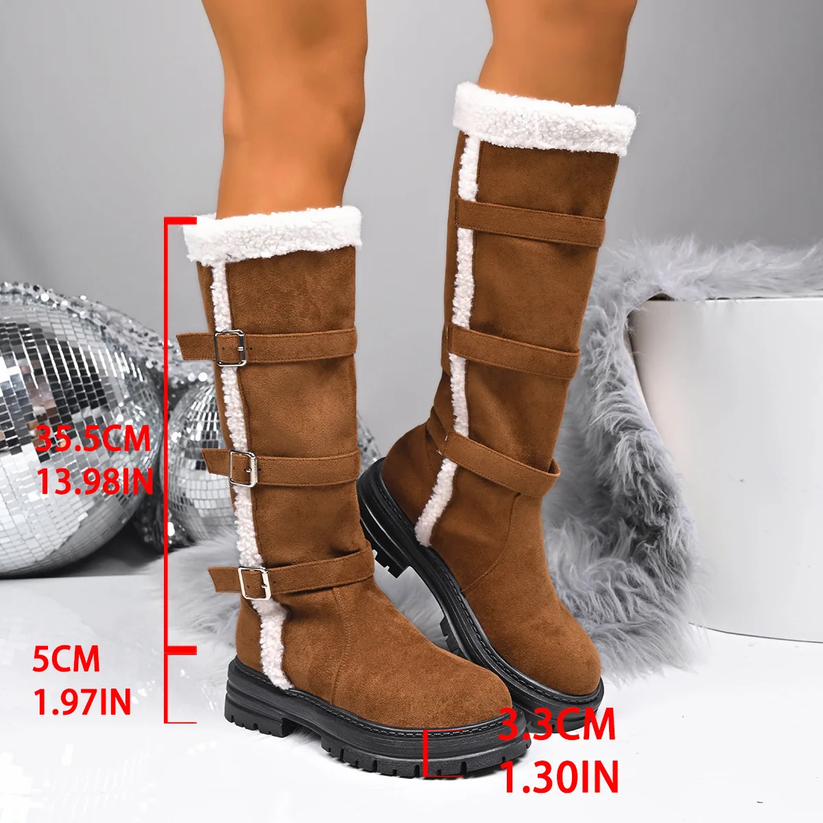 Snow Boot For Women 2025 Winter Thick Heel Large Size High Tube Shoes Woman Warm flipping rolling hair With Plush Mid-Calf Boots