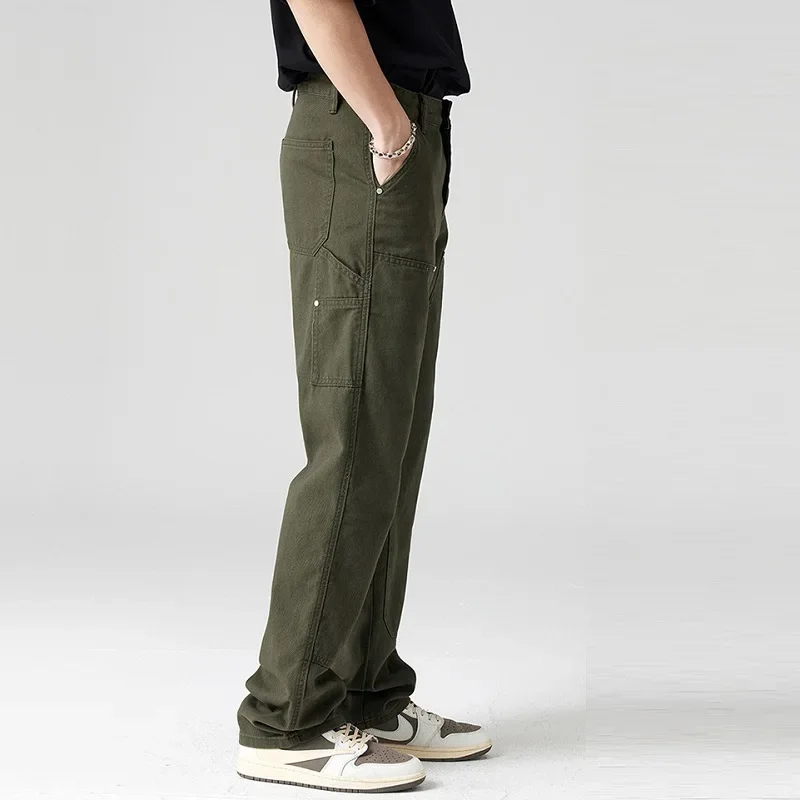 2024 New Men Pant Casual Straight Wide Leg Cargo Trouser Male Winter Fleece Lined Warm Cotton Loose Style Carpenter Streetwear