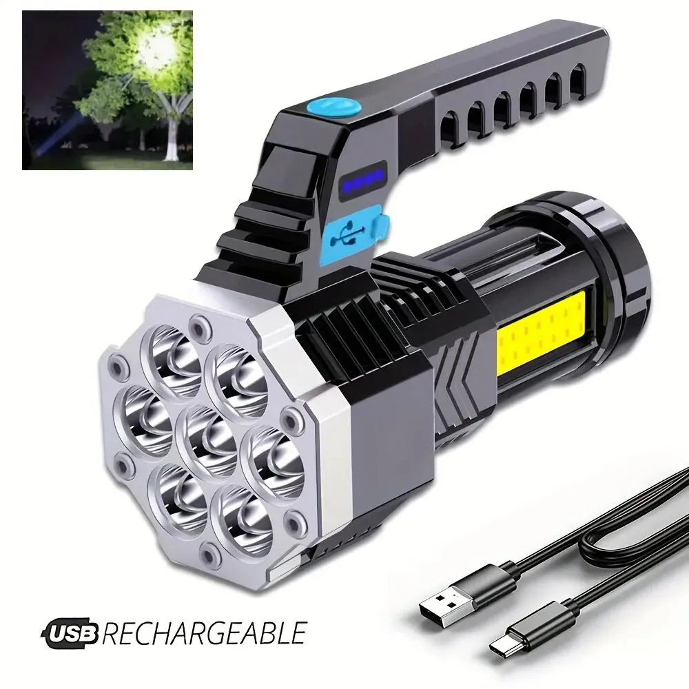 7 LED High Power Flashlight, USB Charging COB Side Light Portable Torch For Outdoor Patrol Fishing Camping Hunting Hiking