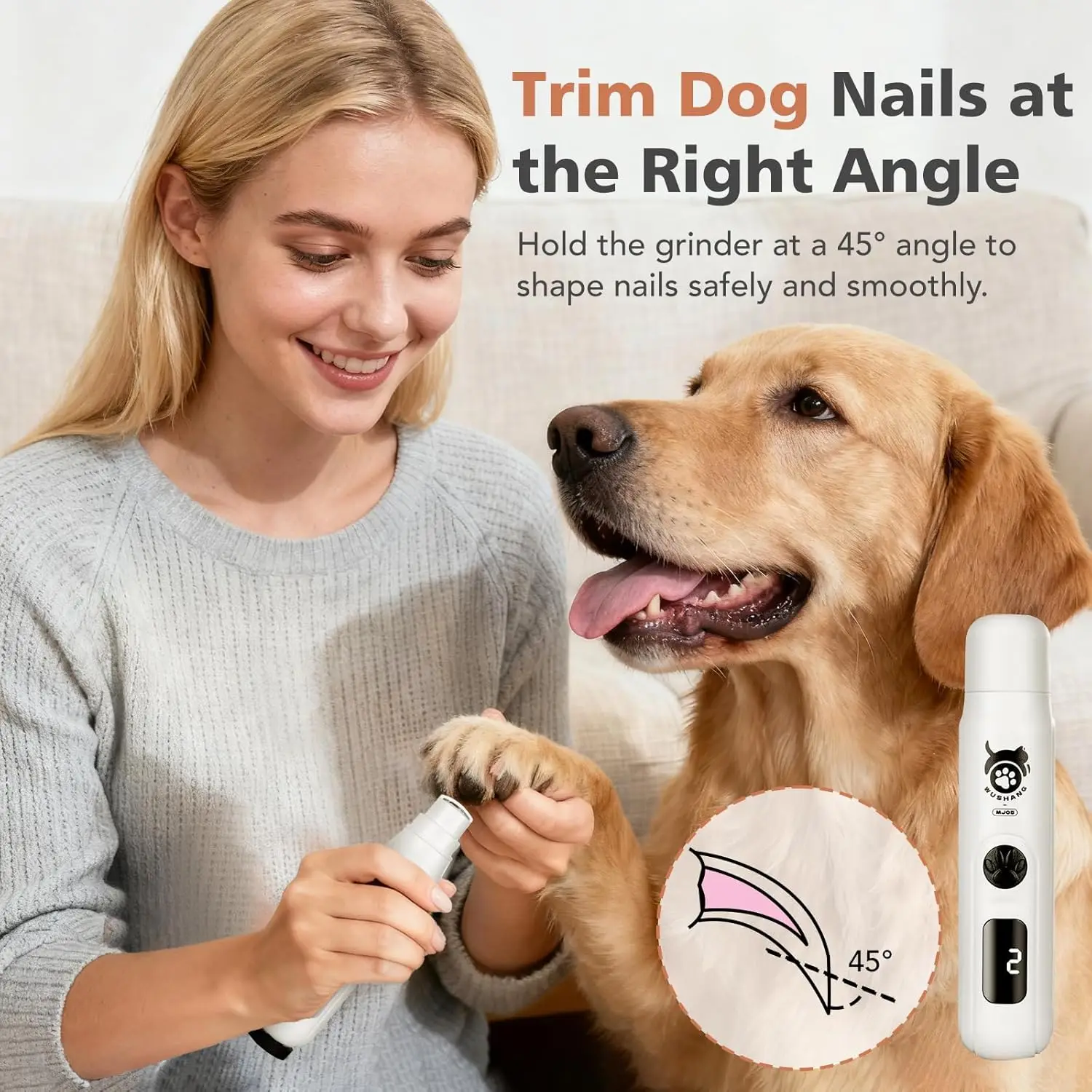 Dog Nail Grinder 3-Speed Vibration Quiet Electric Pet Nail Trimmer with Digital Display Rechargeable USB-C Cat & Dog Nail File
