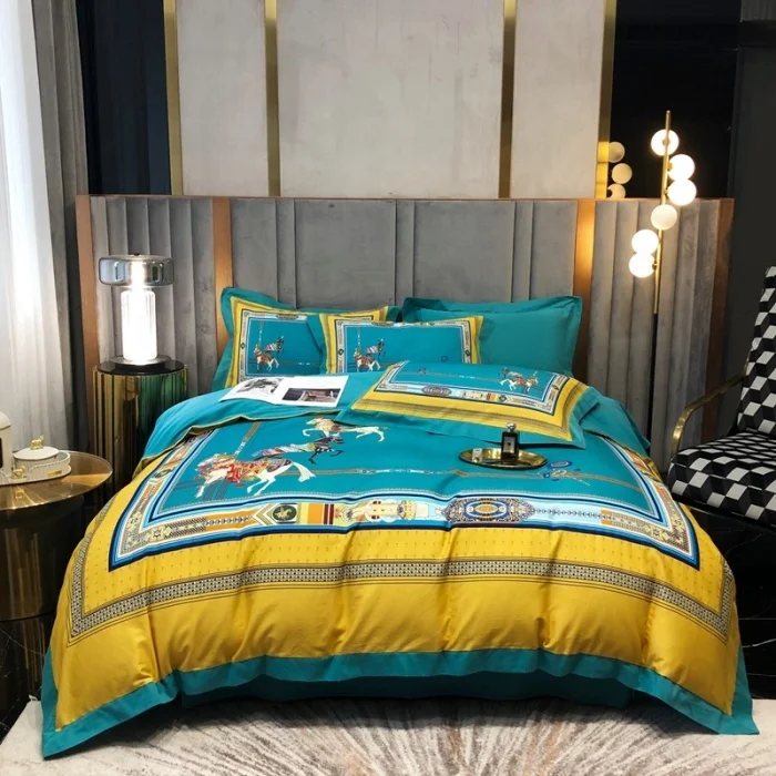 Top Brand Luxury Horse Pattern 100s Cotton Bedding Sets King Queen Size Modern Flat Sheet Reversible Duvet Cover Sets 4-in-1