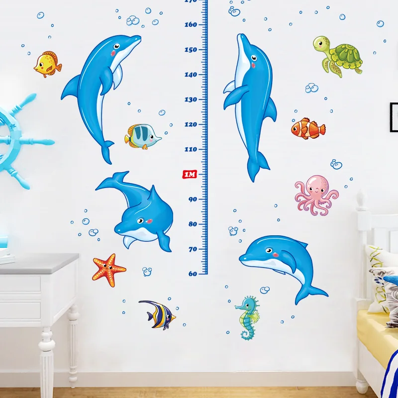 Cartoon Dolphin Height Measurement Sticker (PVC Material) Suitable for Children's Rooms, Bedrooms, and Living Rooms