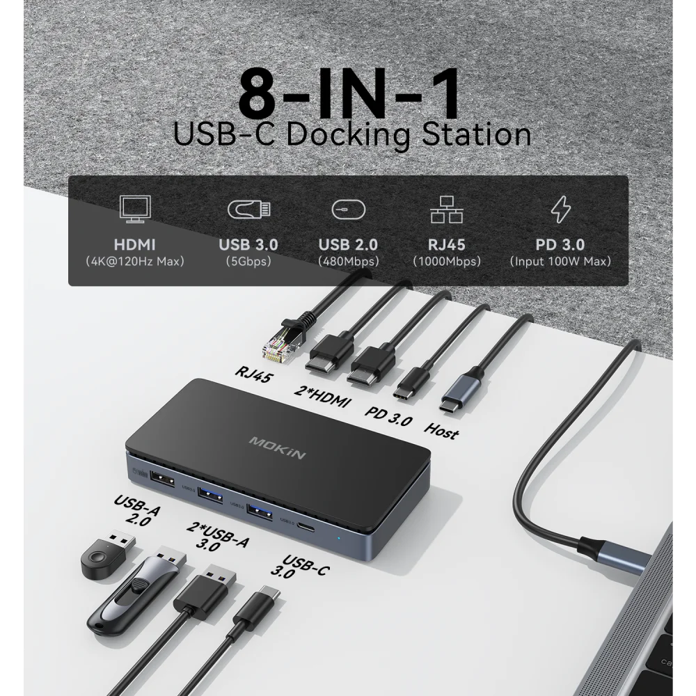 MOKiN USB C Docking Station Dual HDMI/DisplayPort 8 in 1 Laptop Docking Station 4K@60Hz,Gigabit Ethernet,100W PD PC Accessories