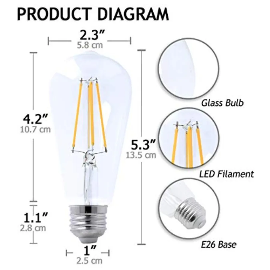 LED Edison Light Bulbs 60 Watt Decorative Vintage Style Incandescent Lightbulb Equivalent E26 Base ST58, Pack of 4