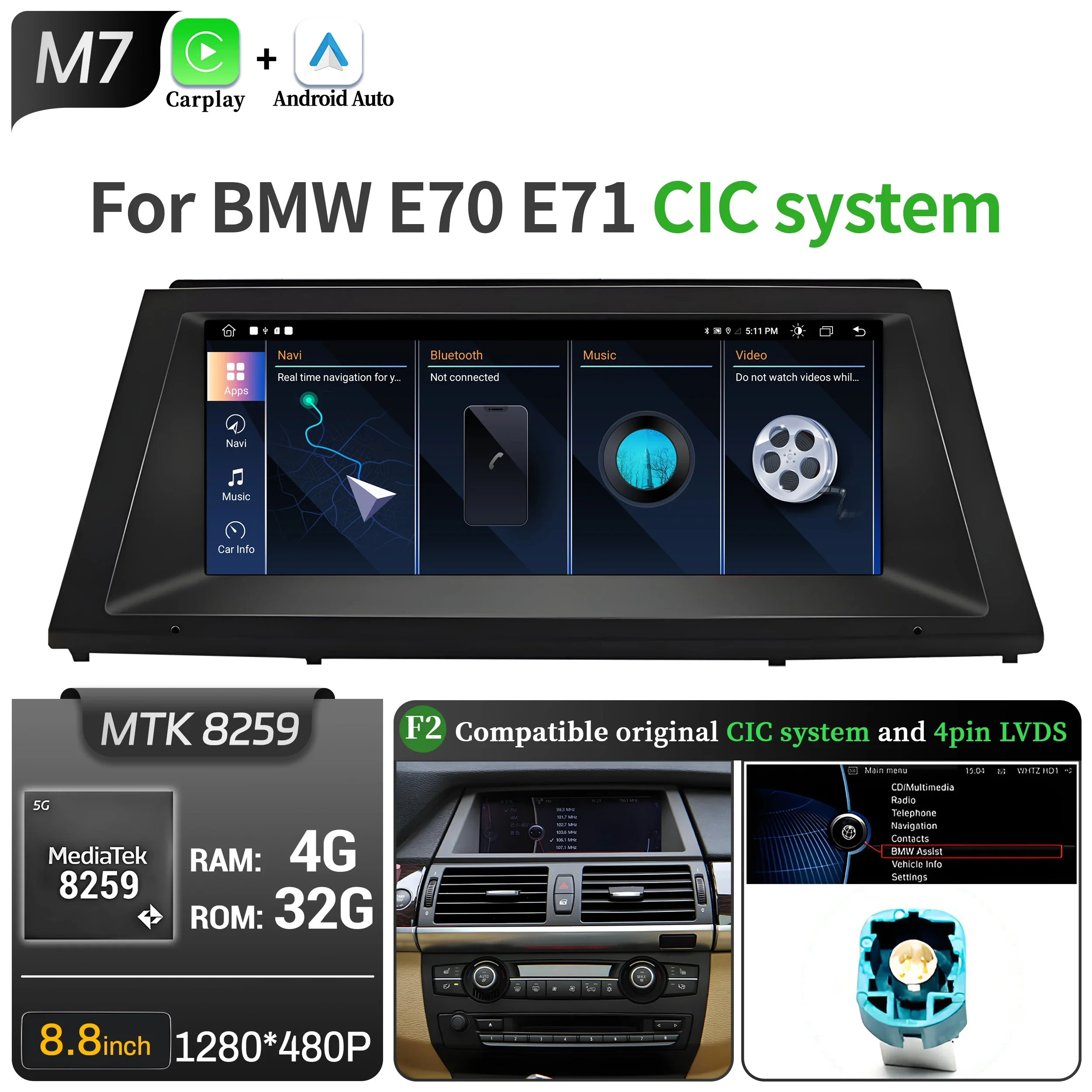 8.8 inch Android 13 Voor BMW X5 E70 X6 E71 E72 Autoradio GPS Draadloze BT Carplay Qualcomm Snapdragon 680 Head Unit Touchscreen