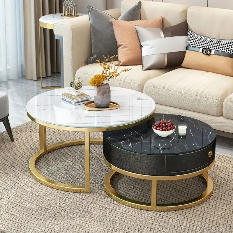 Living Room White Coffee Tables Marble Texture Tea Table Furniture Round Durable Table Basse Muebles Tempered Glass