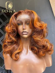 Pelucas frontales de encaje transparente sin pegamento, cabello humano ondulado, jengibre, naranja, marrón, resaltado, 13x6, 13x4