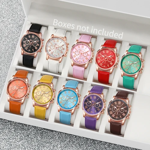 Imagen 2 del producto 10 Uds. Conjunto de relojes para Mujer, Reloj de cuarzo con esfera romana a la moda para Mujer, relojes de pulsera informales con correa de cuero, Reloj femenino