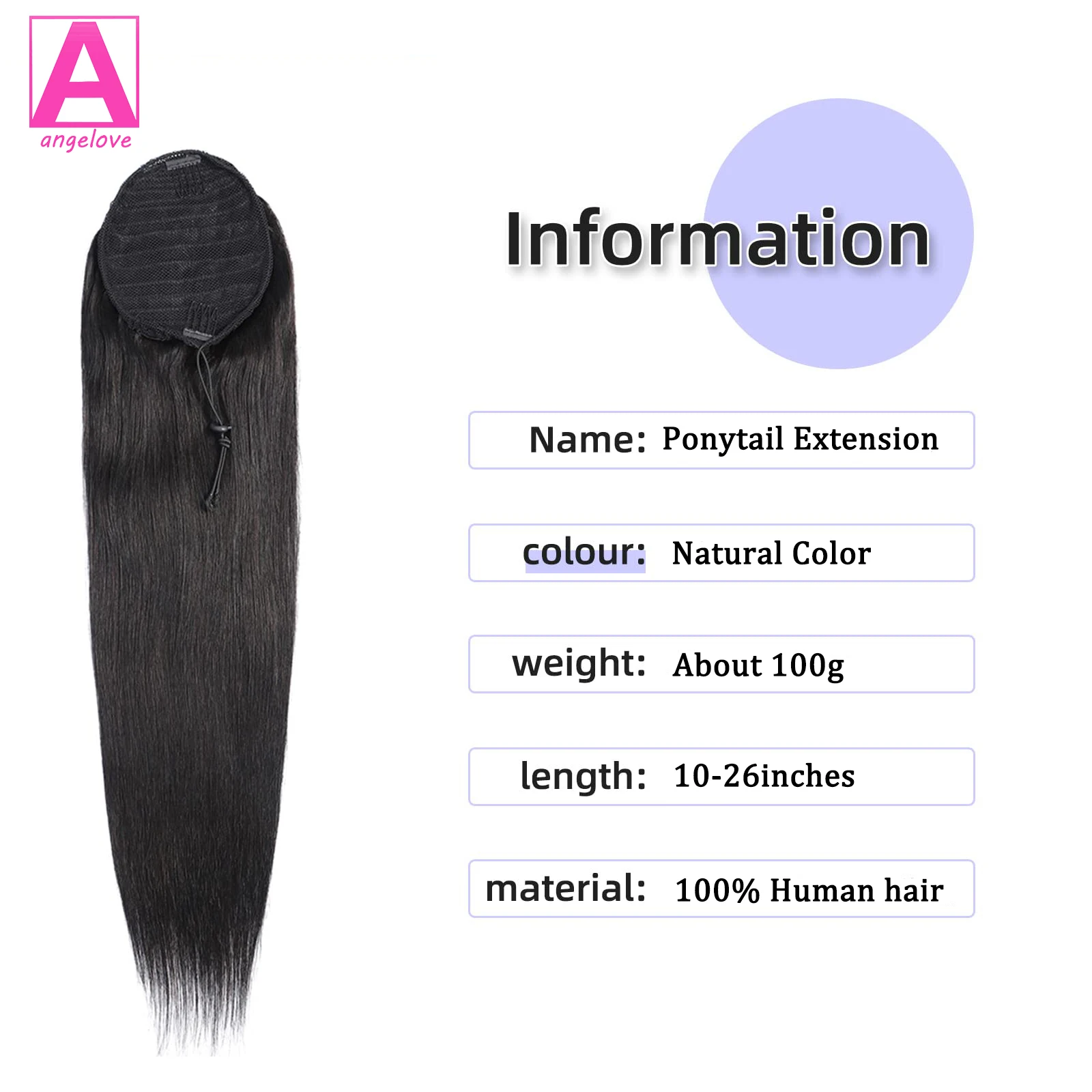 Straight Ponytail Clip ins Human Hair Extension #1B Color Drawstring Ponytail Clip in Straight Human Hair 24 26inches For Girls