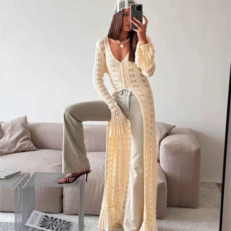 여성 섹시 긴팔 붕대 니트 드레스 속이 비치는 가디건 비치 크로셰 비키니 커버업 여름 수영복 여성 커버업