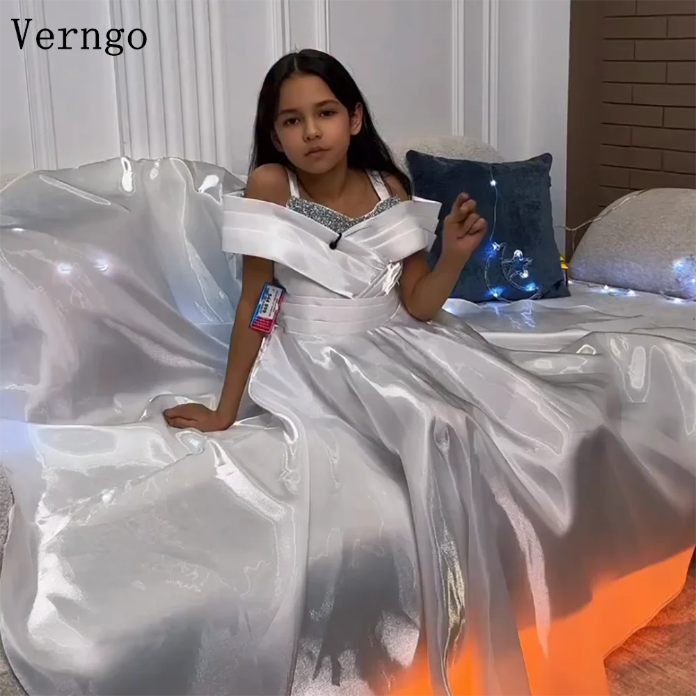 

Verngo Gray Shiny Satin Princess Girl Flower Dress A Line Bow Birthday Party Dress Celebrity Kid Dress Eid Customized