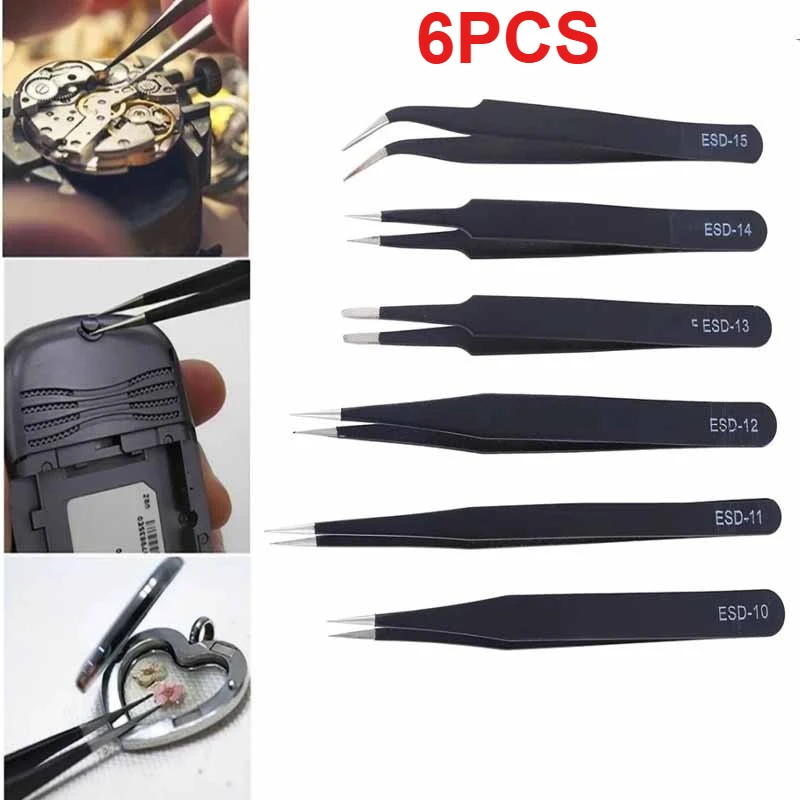 

6Pcs Anti-static ESD Stainless Steel Tweezers Maintenance Tool Industrial Precision Curved Straight Tweezers Repair Tools Set