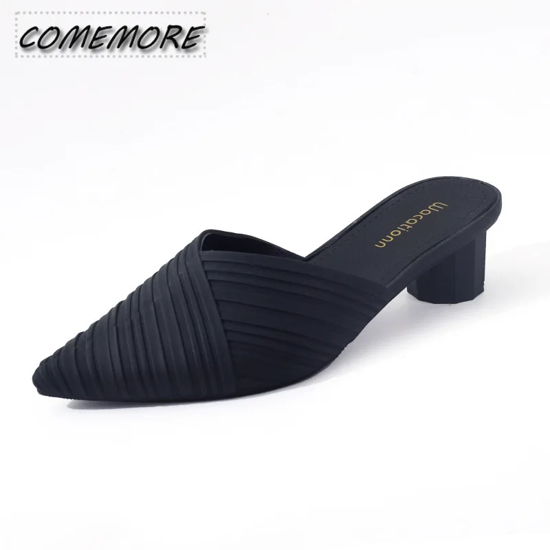 Fashion Korean Style Pointed Toe Toe Toe Casual Slippers for Women Elegant Middle Heel Jelly Sandals Beach Shoes Comfort Outside