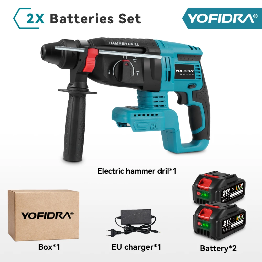 YOFIDRA 26MM borstelloze elektrische boorhamer Multifunctionele roterende draadloze oplaadbare elektrisch gereedschap voor Makita batterijpin