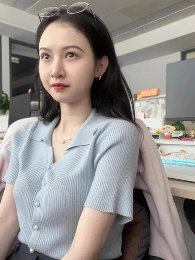 블루 폴로넥 아이스 실크 반팔 니트 탑 여성용 얇은 여름 스몰 사이즈 어깨 V넥 티셔츠 한국 스타일 슬림핏