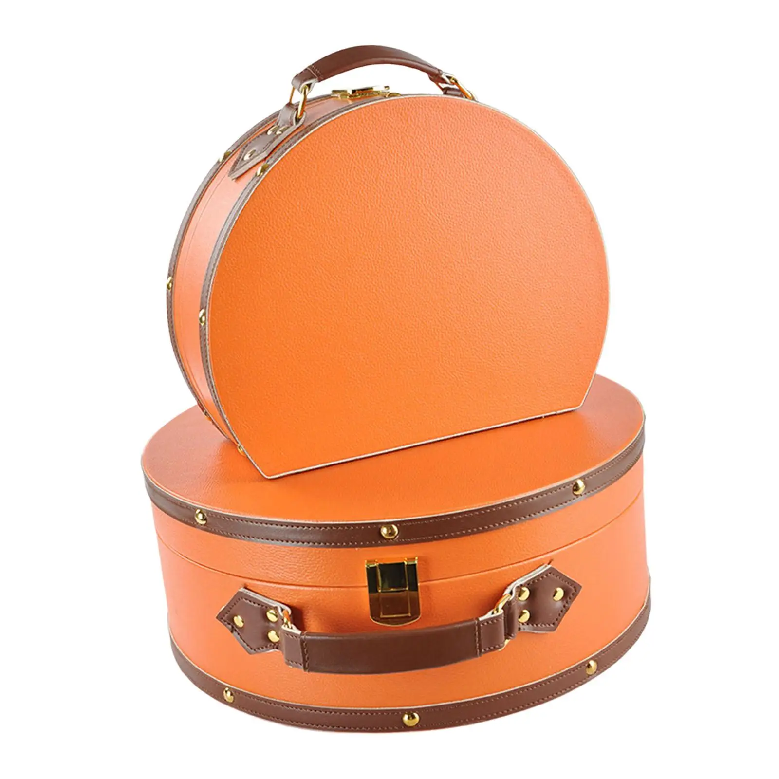 2 Pieces Storage Box Cloakroom Round Hat Box Birthday with Handle Travel PU Leather Photography Props Decoration Locking Luggage