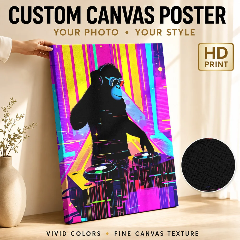 DJ Monkey Silhouette in Neon City Framed Canvas Print Poster Custom Photo Retro Music Canvas Wall Art for Studio Bedroom Decor