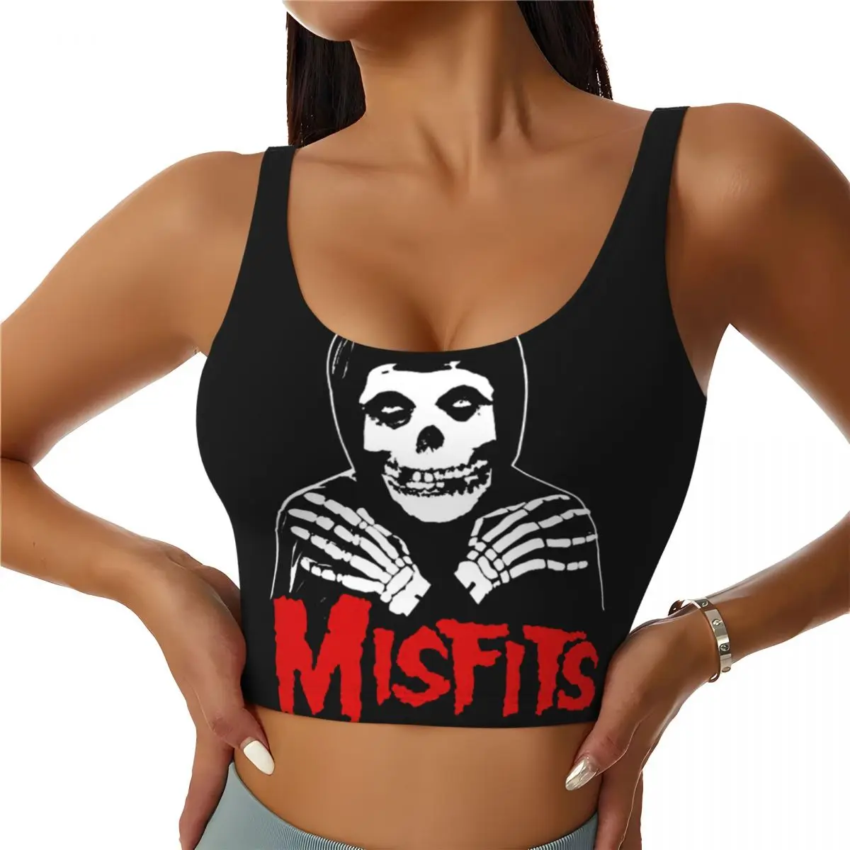 Custom Women's Misfits Horror Punk Rock Band Sports Bras High Impact Gym Workout Yoga Crop Tank Tops