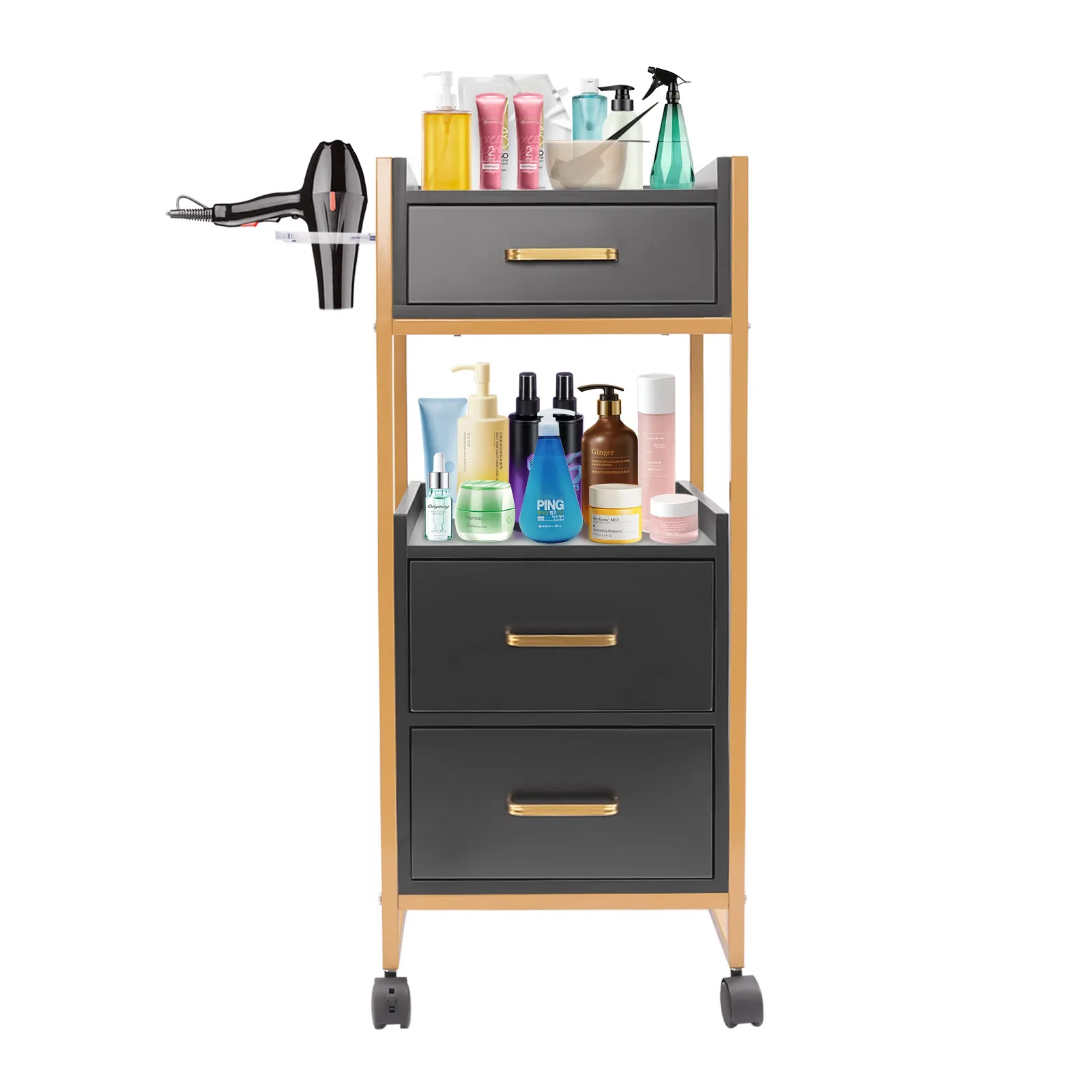 3 Drawing Wheel Hair Salon Tool Cabinet Salon Cart Barber Trolley, Barber Shop Tool Cabinet with Wheels, Salon Storage Trolley