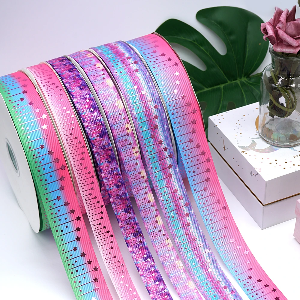 5 yards 22mm 38mm Laser Colored Pentagonal Stars Printed Grosgrain Ribbon Assorted Bright DIY Handmade Materials